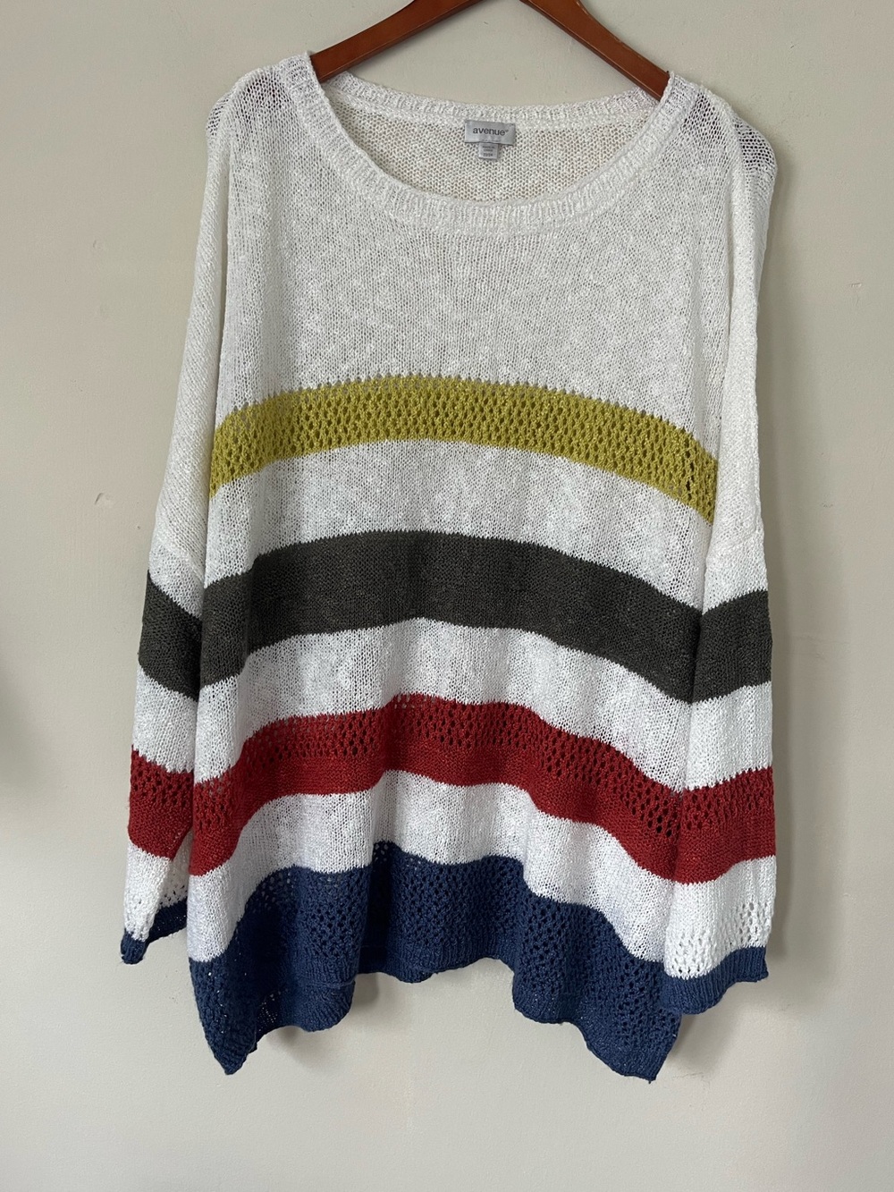 Avenue Womens Plus 22/24 Retro Striped Lightweight Knit Sweater White Multi